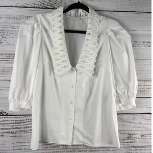 Sandro Womens Size S White Lilie Lace Collar Poplin Shirt
